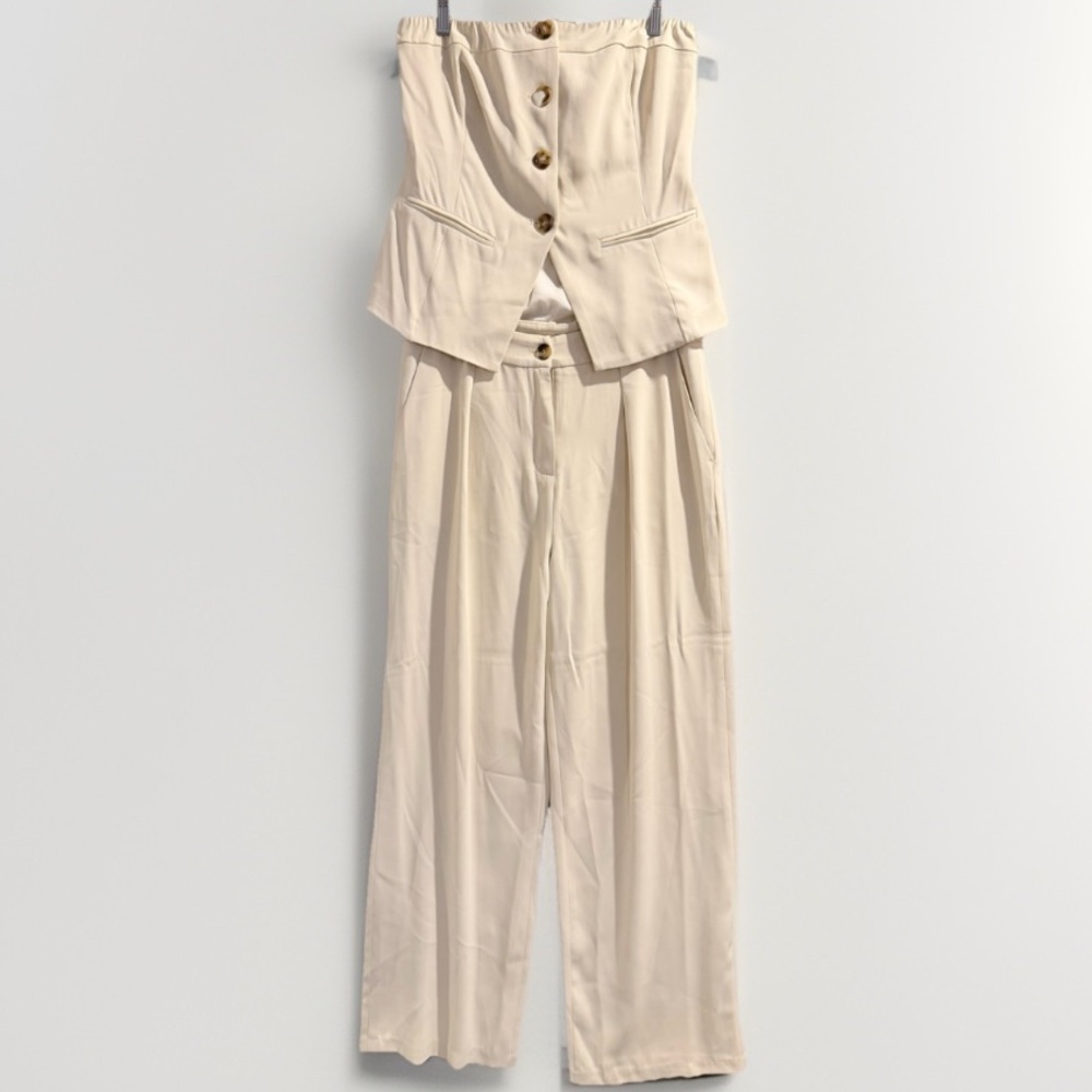 NIA Ivory 2pc Set Strapless Button Corset Top High Waist Wide Leg Pants Size L